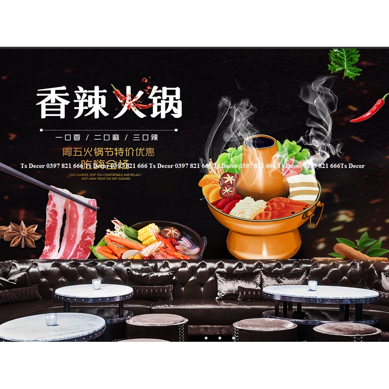 Tranh dán tường trang trí nhà hàng quán ăn lẩu nướng 3D