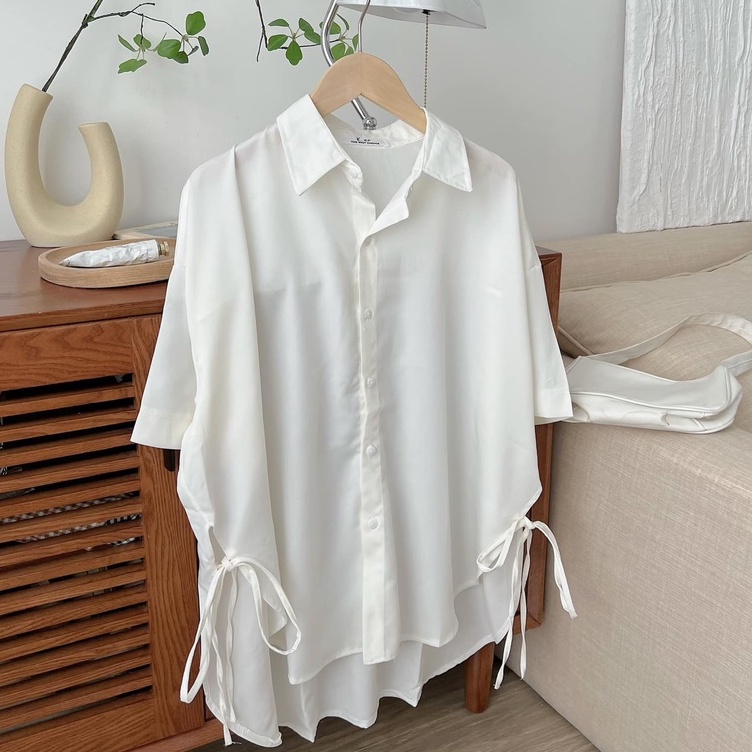 Áo Sơ Mi Buộc Nơ Eo Tay Lỡ Vạt Bầu Chất Lụa Mát Nhiều Màu, Labibi