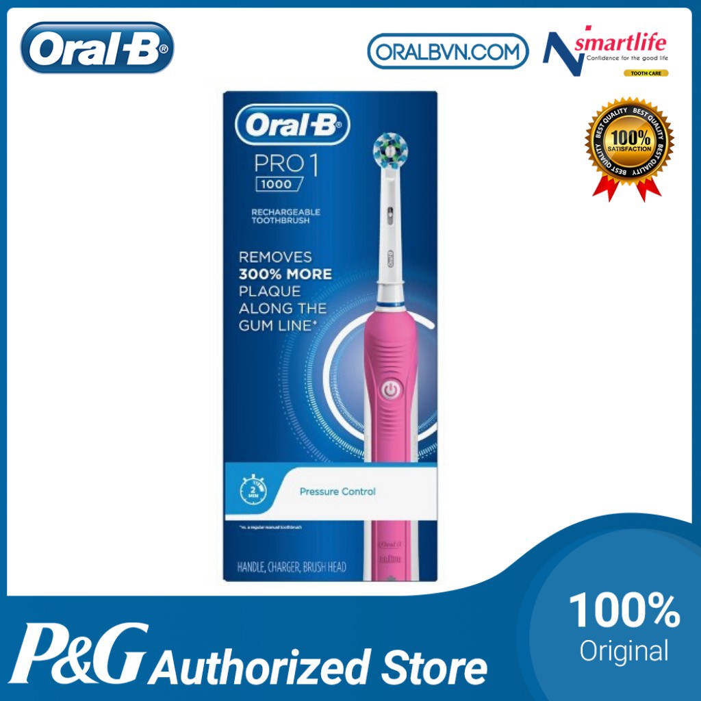 Bàn chải đánh răng điện tự động Oral B Pro 1000 xanh dương làm sạch răng, hạn chế viêm nướu kèm hộp và nắp đậy du lịch