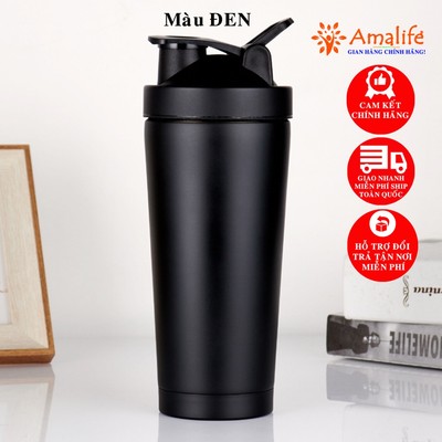 [Màu ĐEN] Bình Giữ Nhiệt Lắc Shaker Đựng Nước Inox 800ml – Bình Nước Tập Gym Thể Thao Hãng Amalife Kèm Bóng Lò Xo Lắc