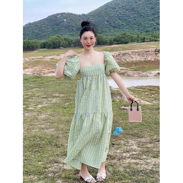 Đầm caro vàng xanh dáng dài tay phồng ZR xuất xịn kèm ảnh thậ