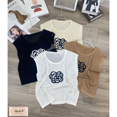 Áo lưới sát nách cổ tròn thêu hoa QC