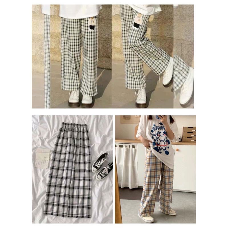 Quần ống rộng túi hộp kẻ caro cạp chun co giãn nhẹ Ulzzang nhiều màu