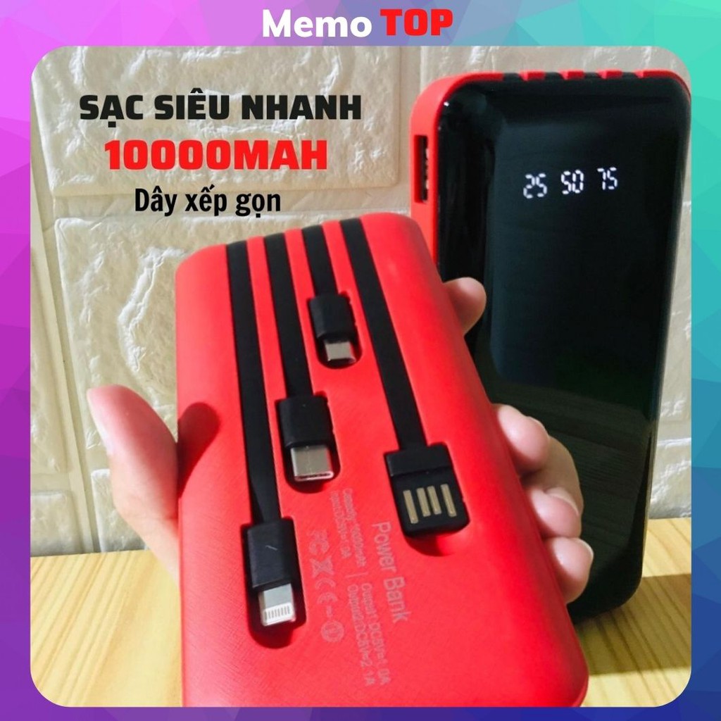 Sạc dự phòng 10000mah pin sạc nhanh kèm dây type c, ligtning, micro, usb cao cấp Y96