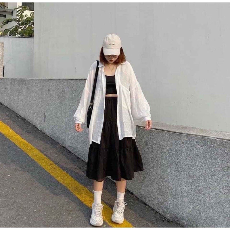 Chân Váy Dài 3 Tầng- Chân váy đen trắng 2 lớp chất liệu voan kiểu dáng ulzzang