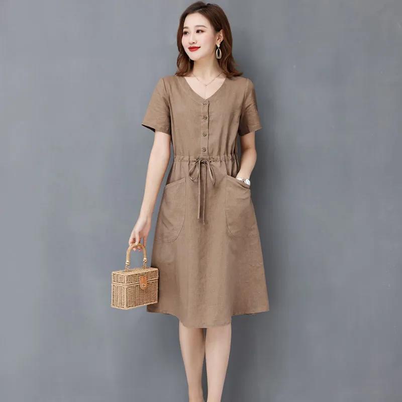 Đầm Dáng Chữ a Vải Cotton Lanh Mỏng Cổ Chữ V Thời Trang Mùa Hè 2022