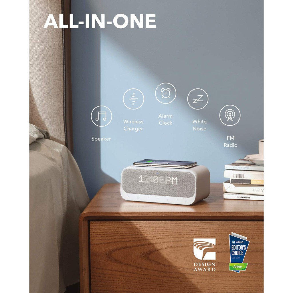 (Loa Anker)Loa bluetooth 3 trong 1 kiêm sạc không dây và đồng hồ báo thức chính hãng Anker Soundcore Wakey A3300