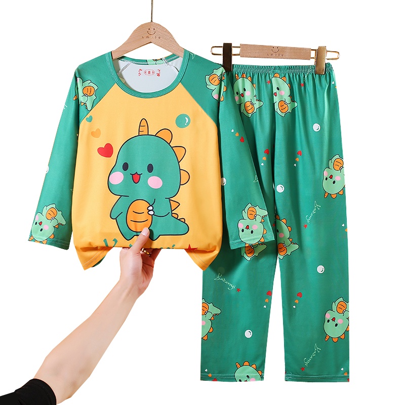 Bộ đồ ngủ dài tay cổ tròn dễ thương in họa tiết hoạt hình cho trẻ em gái