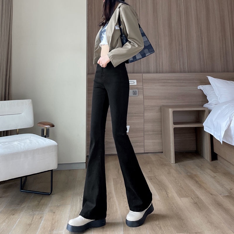 Jiashucheng Quần Jean Nữ Ống Loe Lưng Cao Co Dãn Màu Đen