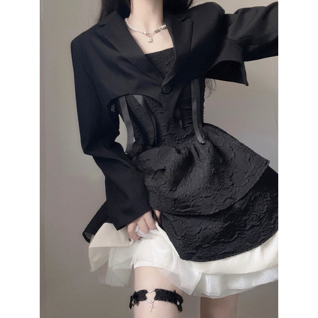 Set Đầm Hai Dây Cột Dây + Áo Khoác Ngắn Thời Trang Mùa Thu 2022 Phong Cách Mới Cho Nữ