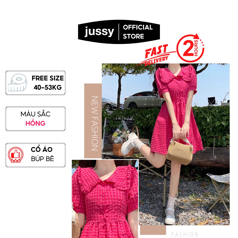 Váy nữ họa tiết kẻ caro tay cánh tiên thanh lịch Jussy Fashion