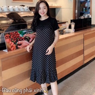 Đầm bầu công sở - Đầm bầu xinh giá rẻ dáng dài yếm maxi chấm bi màu đen