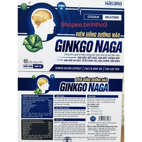dưỡng não ginkgo naga (citicolin, melatonin, ginkgo biloba extract, cao củ bình vôi, cao lạc tiên ...hội chứng tiền đình