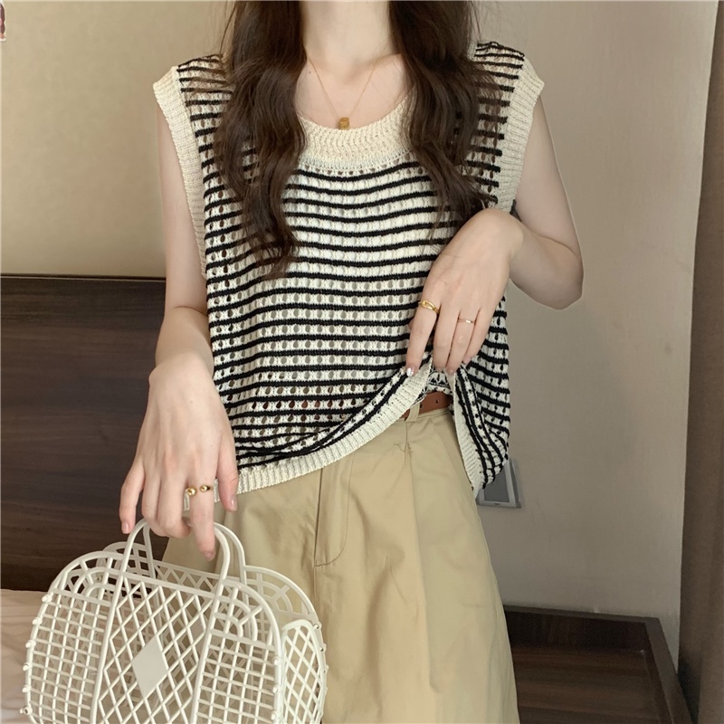 622189#Áo Dệt Kim Không Tay Dáng Rộng Họa Tiết Kẻ Sọc Thời Trang Mùa Hè Cho Nữ