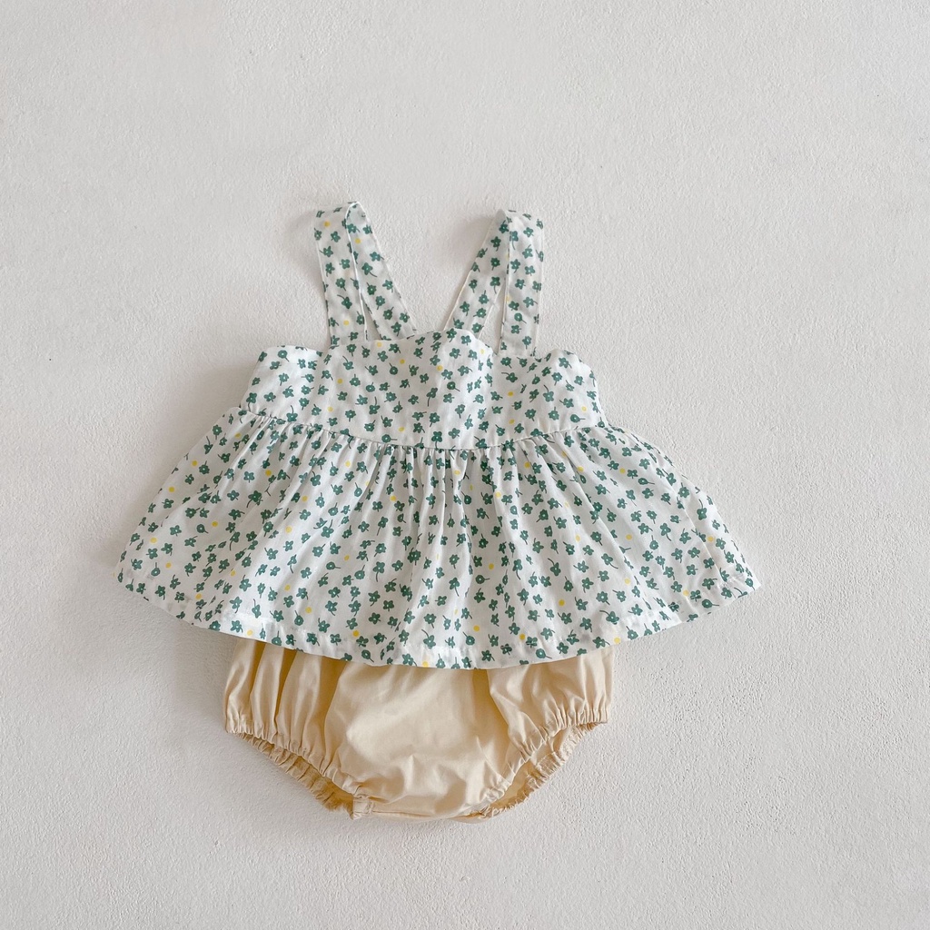 Bộ áo hai dây hoa và quần cho bé gái xinh xắn ảnh thật