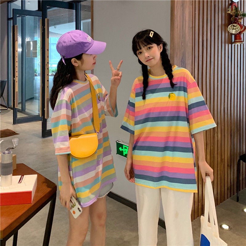 Áo Thun Tay Ngắn Dáng Rộng Kẻ Sọc Cầu Vồng Phong Cách Hàn Quốc Thời Trang Mùa Hè Cho Học Sinh / BFF Xuan Ya
