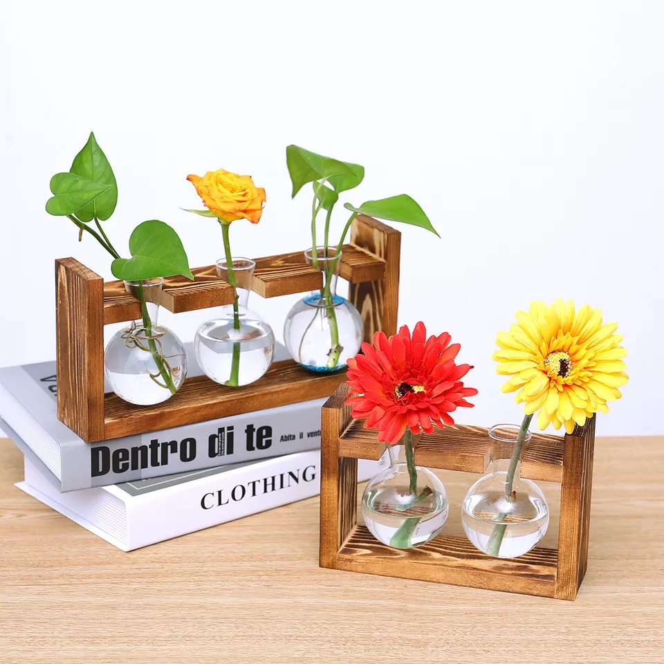 Bình thủy tinh hình tròn cắm hoa, trồng cây thủy sinh có khung gỗ trang trí để bàn, bàn làm việc, kiểu dáng vintage
