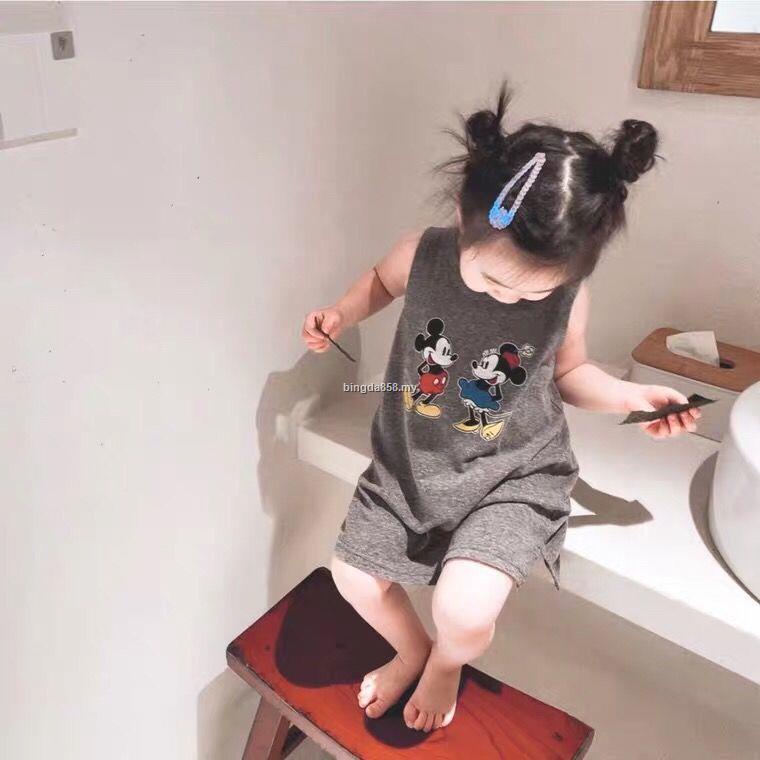Đầm Sát Nách Vải Cotton In Hoạt Hình Mickey Minnie Thời Trang Xuân Hè Cho Bé Gái