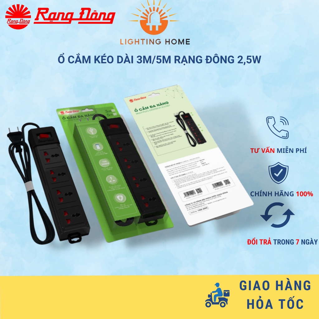Ổ cắm đa năng 3m/5m RẠNG ĐÔNG công suất 2,5W nắp an toàn chống giật chống xung điện áp cao, chống sét