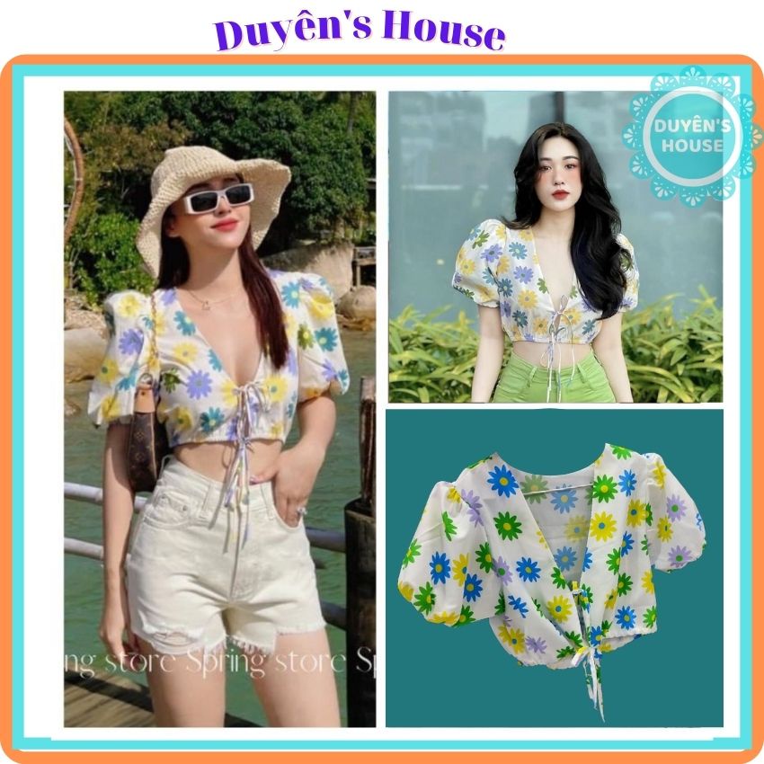 Áo Croptop Hoa Dây Buộc Tay Bồng Xinh Xắn - P096