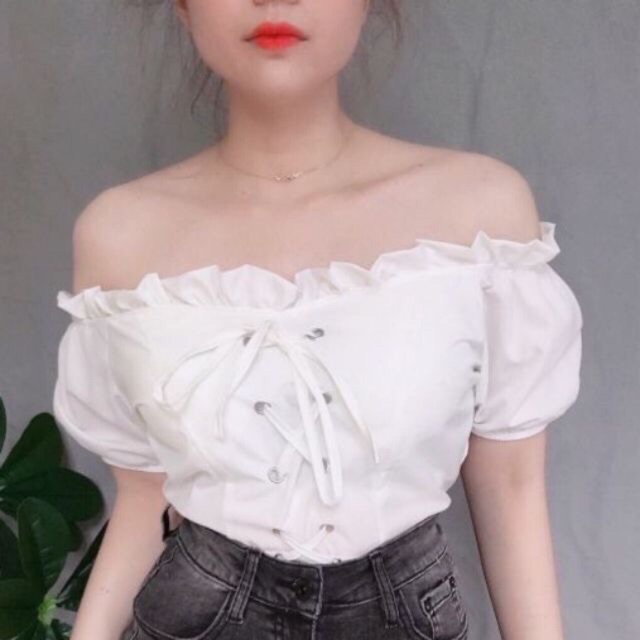 Áo croptop bệt vai đan dây tay phồng | BigBuy360 - bigbuy360.vn