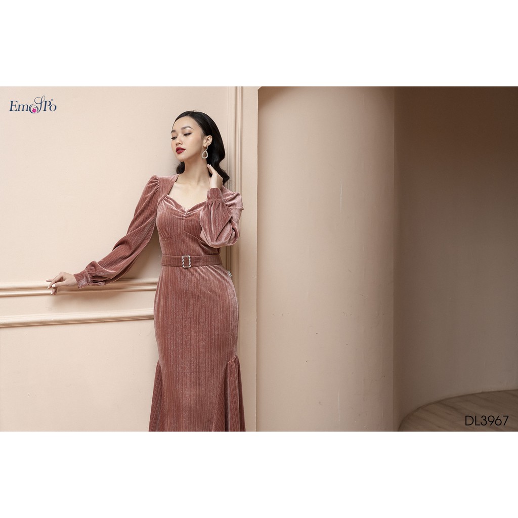 Đầm nhung Emspo cổ vuông, rúm ngực, đai eo rời DL3967