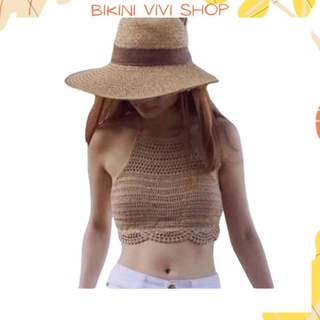 Áo Len Móc Đi Biển, Áo Len Đan Tay Dạng Yếm Màu Kem, Đồ Tắm Biển Nữ (Có Size) (Kèm Ảnh Thật)