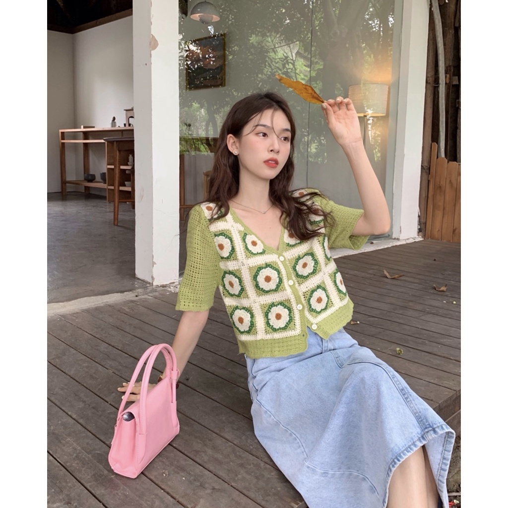 Áo Cardigan Dệt Kim Tay Ngắn Cổ Chữ V Họa Tiết Hoa Màu Sắc Tương Phản Thời Trang Mùa Hè Cá Tính
