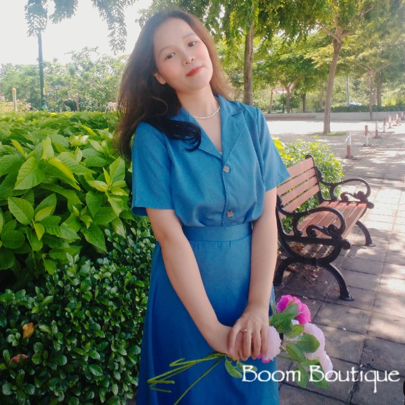 SET ÁO CỔ SƠ MI KÈM CHÂN VÁY DÀI XANH_B.O.O.M