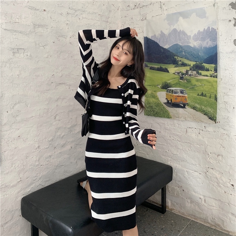 Set Áo Khoác Cardigan Dài Tay Và Đầm Hai Dây Họa Tiết Sọc Ngang Thời Trang Dành Cho Nữ