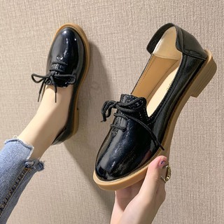 🌺Giày Lười Nữ B58 Da Bóng/ Retro/ Buộc Dây/ Đế 3cm