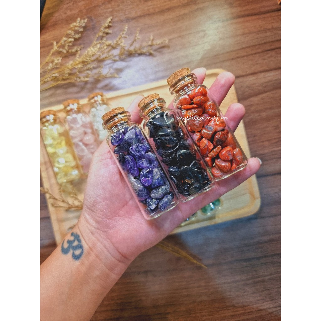 Lọ đá thuỷ tinh may mắn thanh tẩy bài Tarot, đá thạch anh, đá vụn, đá phong thủy, reiki