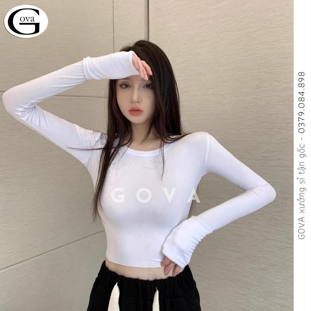 Áo croptop cổ tròn trơn tay dài, Áo Body nữ ôm dáng Cho Nữ Gova