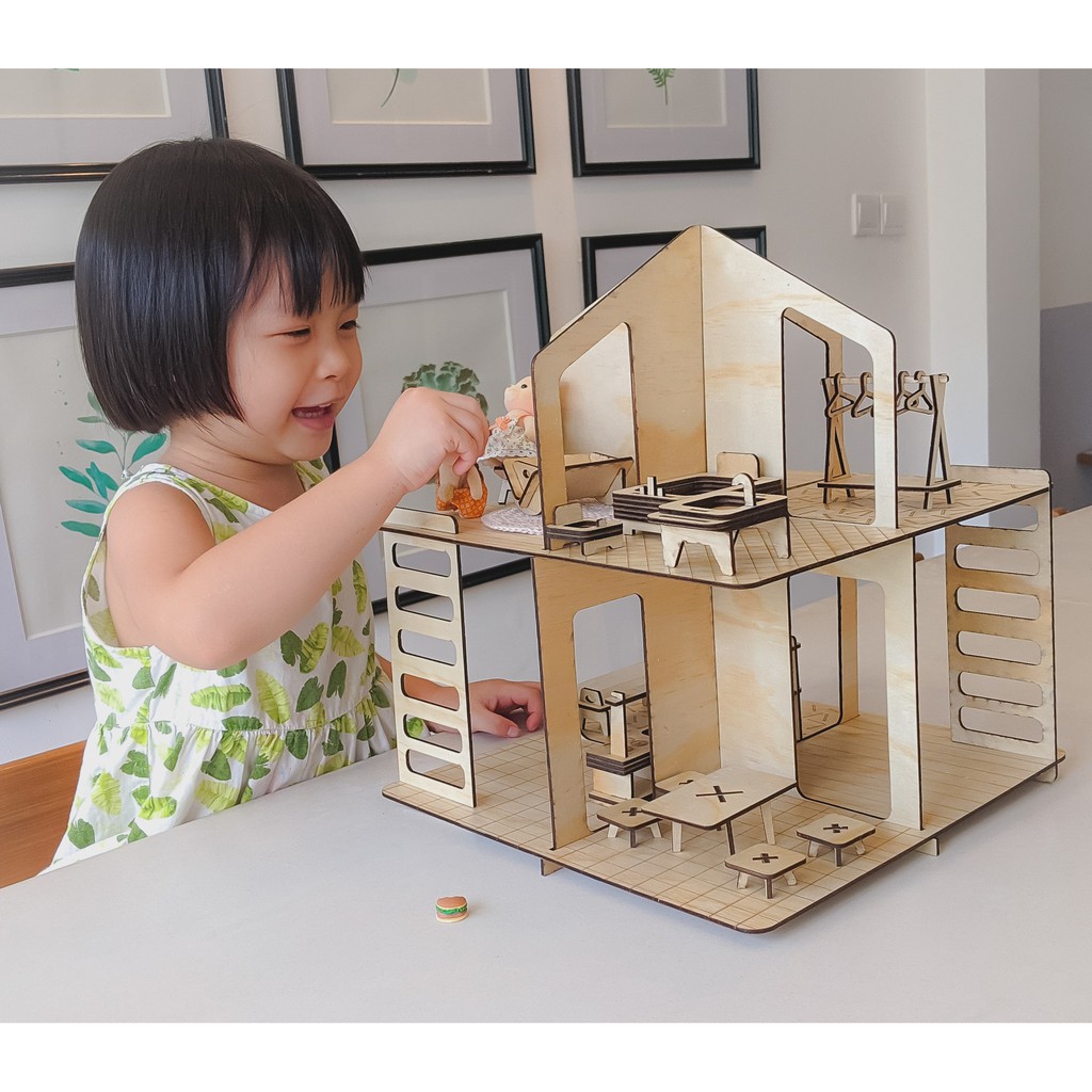 Mô hình nhà búp bê gỗ kèm nội thất lắp ráp