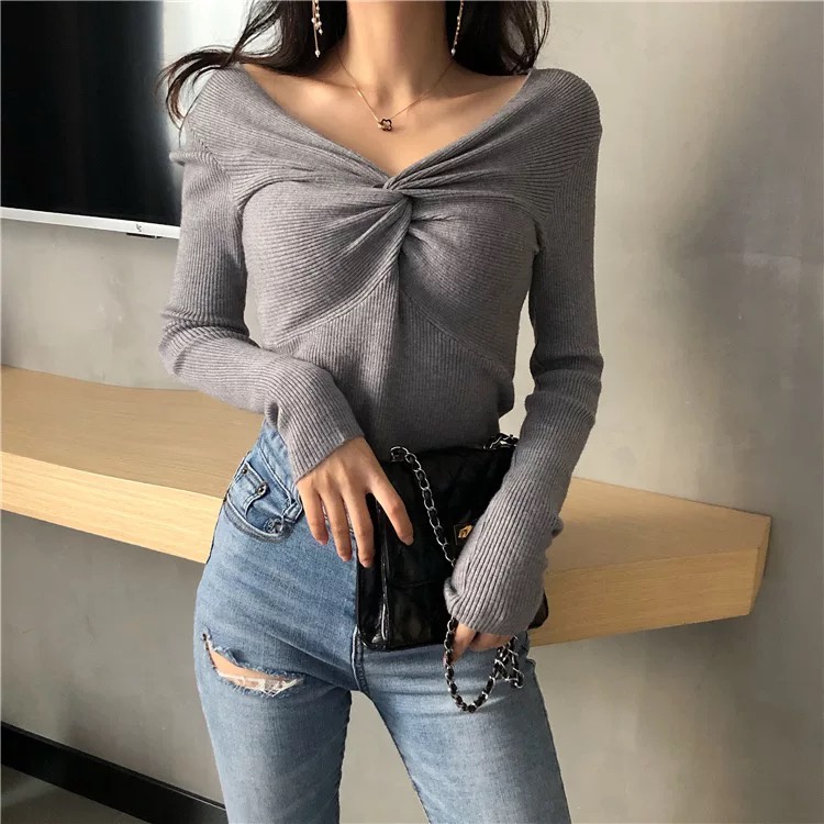 MS350 Áo len tăm nữ xoắn ngực dài tay