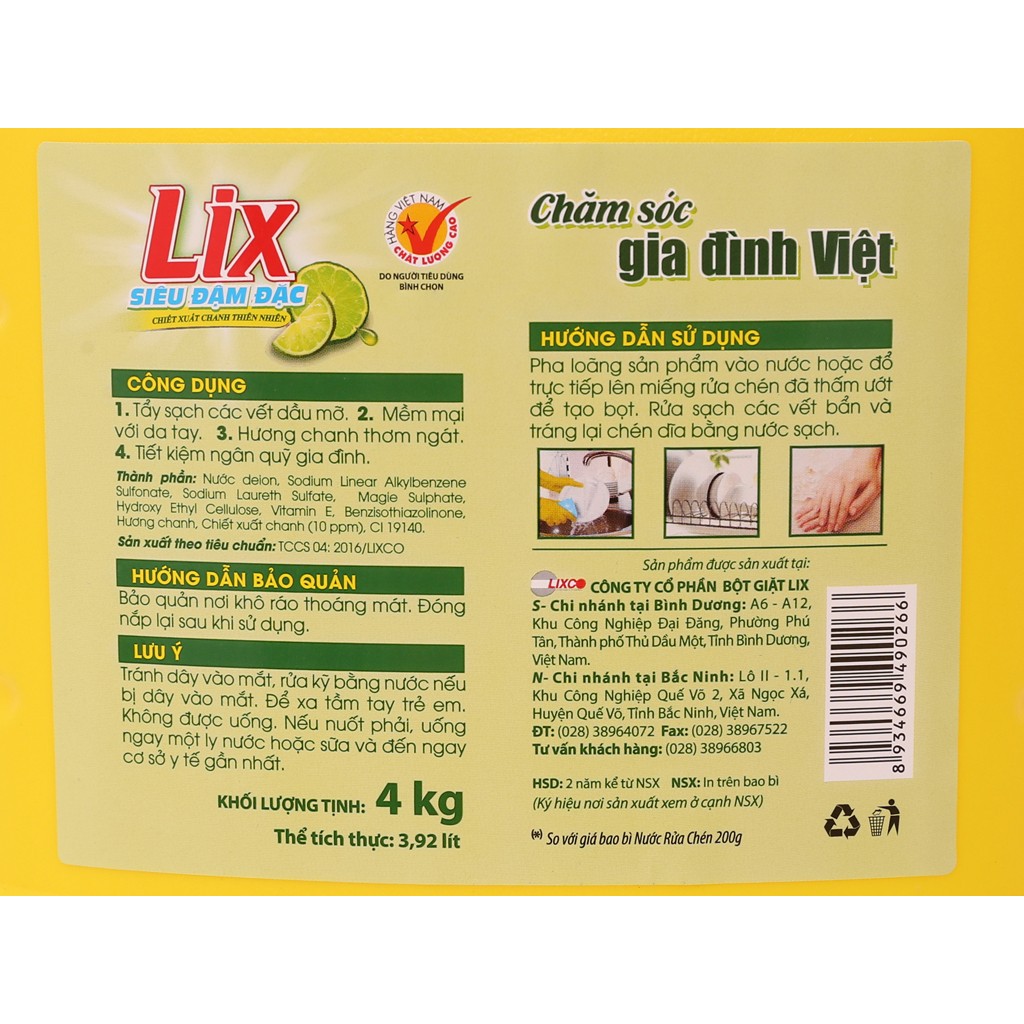 Nước rửa chén LIX siêu đậm đặc hương chanh 3.6kg NC360