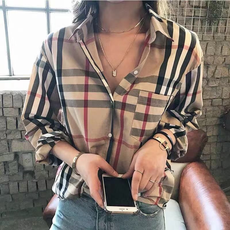Áo Sơ Mi Caro Dáng Rộng Phong Cách Hàn Quốc Cổ Điển Nhiều Nút Bấm Thời Trang Cho Nữ