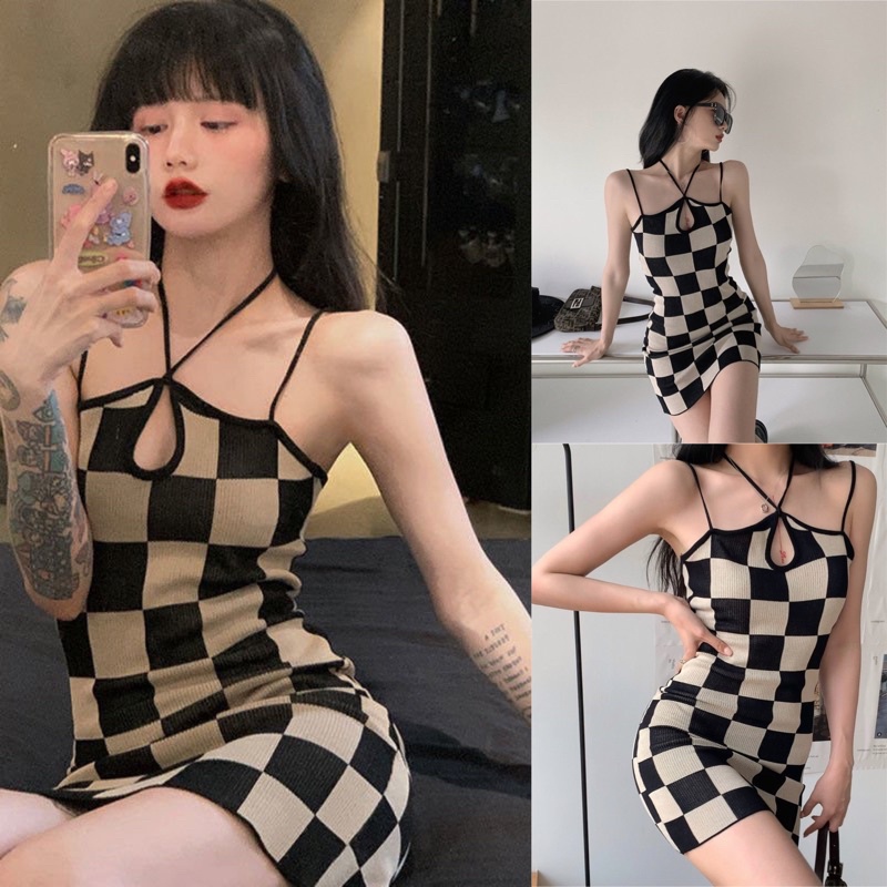 Váy đầm len body dây sexy hoạ tiết kẻ caro hàng QC
