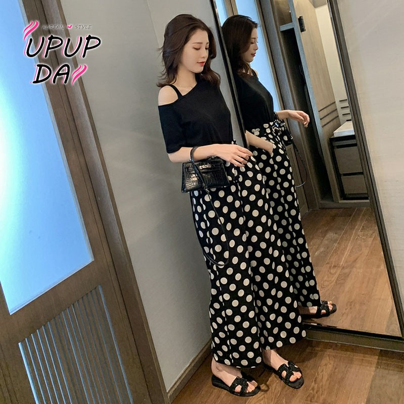 Bộ Đồ Hàn Quốc Size S-2XL👗👗Bộ Đồ Hàn Quốc Chính Hãng📣📣Set Áo Trễ Vai Đen Tay Lỡ + Quần Dài Ống Rộng Họa Tiết Chấm Bi Phong Cách Hoàng Gia Phương Tây Cho Nữ