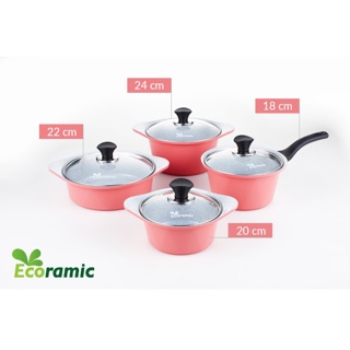 ECORAMIC-Bộ 4 nồi ceramic: nồi 1 tay cầm 18cm, Nồi 2 tay cầm 20-22-24cm