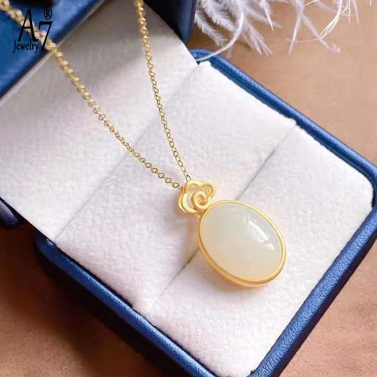 Vòng cổ Bạc 925 Mặt Đá Ngọc Bích Trắng Hình Oval Kiểu Dáng Thanh Lịch Dành Cho Nữ