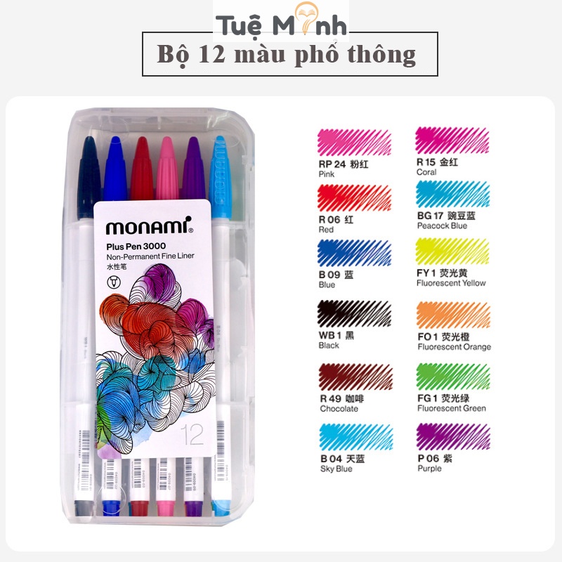 Bút màu Monami bộ 12 VPPTUEMINH - 24 màu, bút lông màu viết Calligraphy nét 0.4 - 1mm nét thanh nét đậm, tô màu đa năng