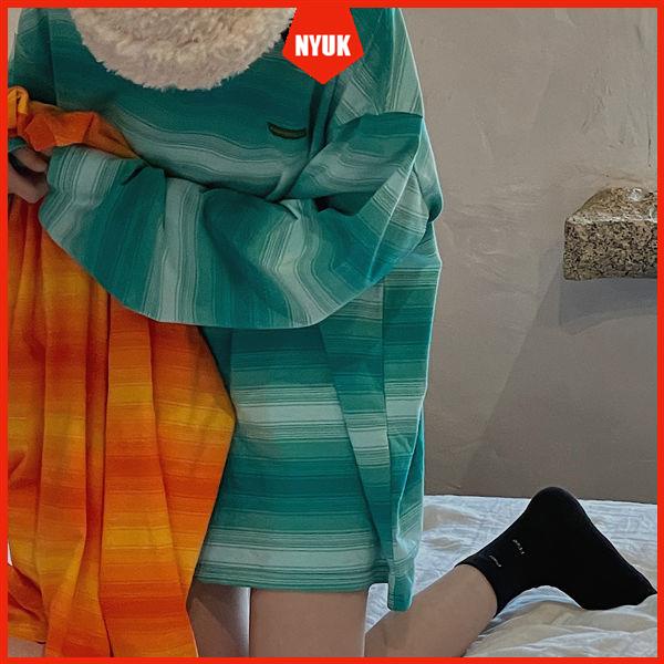 Áo Thun Tay Dài Dáng Rộng Kẻ Sọc Màu Gradient Phong Cách Hàn Quốc Cho Cặp Đôi