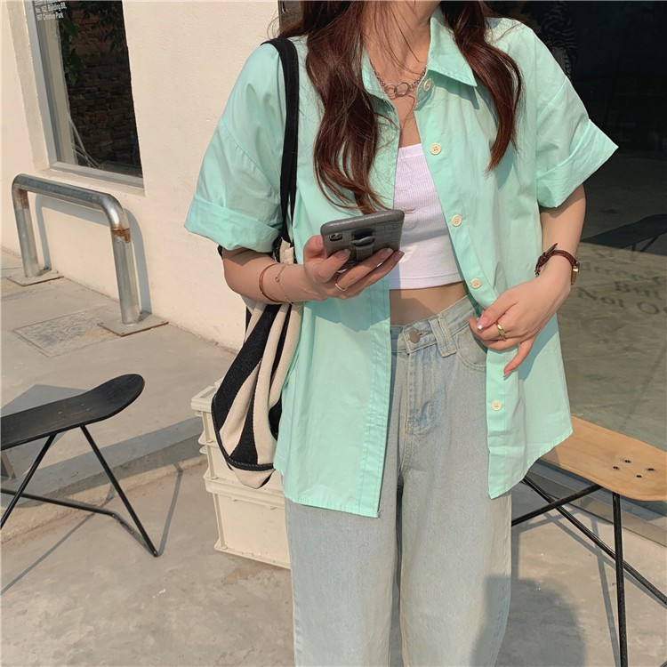 LEEVA - Áo sơ mi ngắn tay nữ dáng rộng cá tính A173