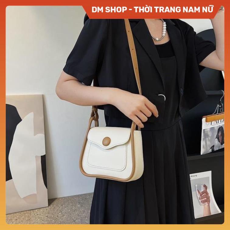Túi Xách Đeo Chéo Vai Nữ 2022 Siêu Đẹp Hót Trend, Tui Sách Khuy Tròn Mầu Kem Đen Trắng viền nâu kiểu dáng Hàn Quốc
