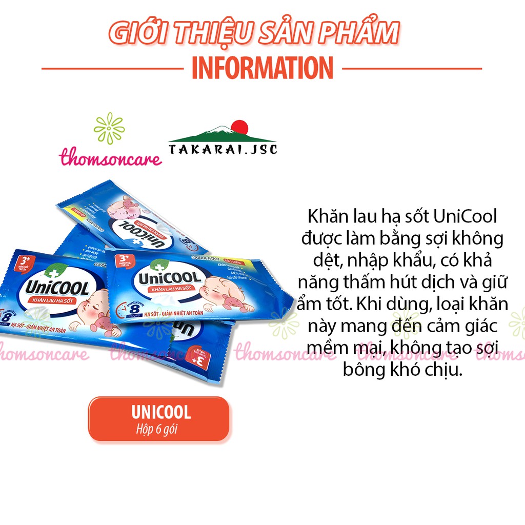 Khăn lau hạ sốt, mát da khi bị côn trùng cắn, muỗi đốt, rôm sảy, hạ nhiệt cho bé dễ chịu - Unicool Hộp 6 gói