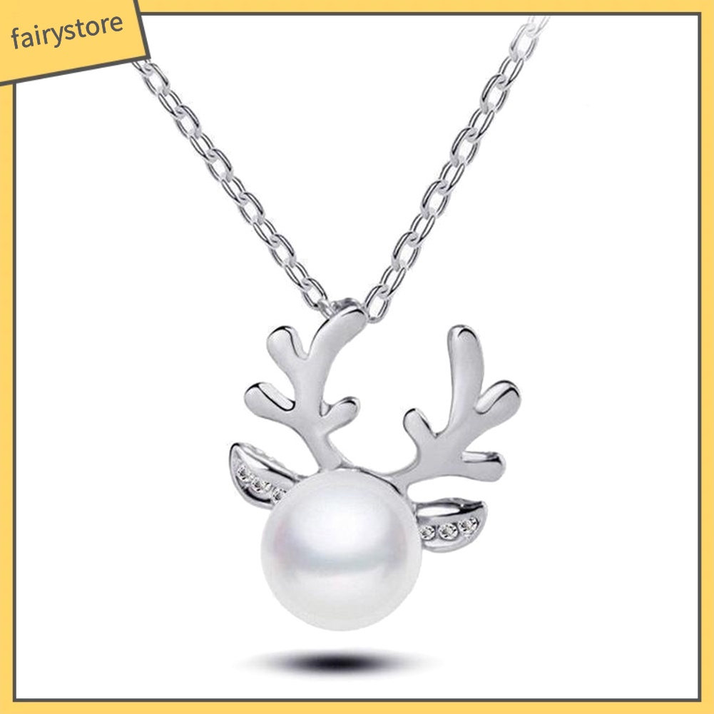 Bộ Dây Chuyền + Bông Tai Hình Sừng Hươu Đính Ngọc Trai Giả Cho Nữ