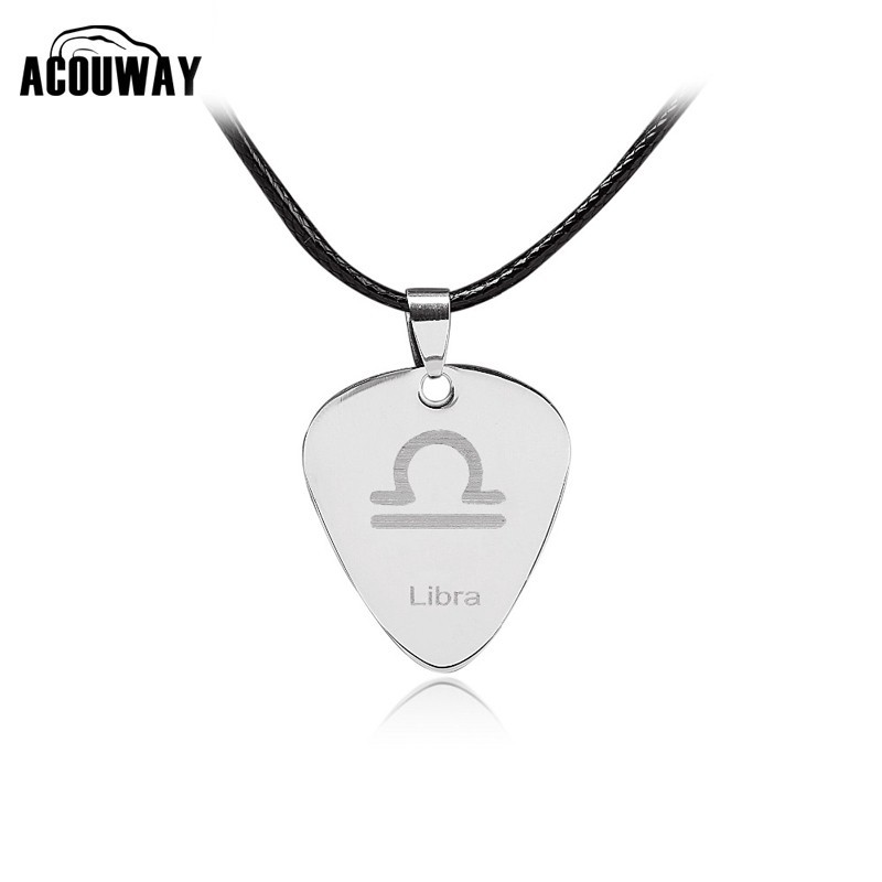 Libra Guitar Pick Necklace pendant Stainless Steel with PU leathe chain /zodiac birthday gift