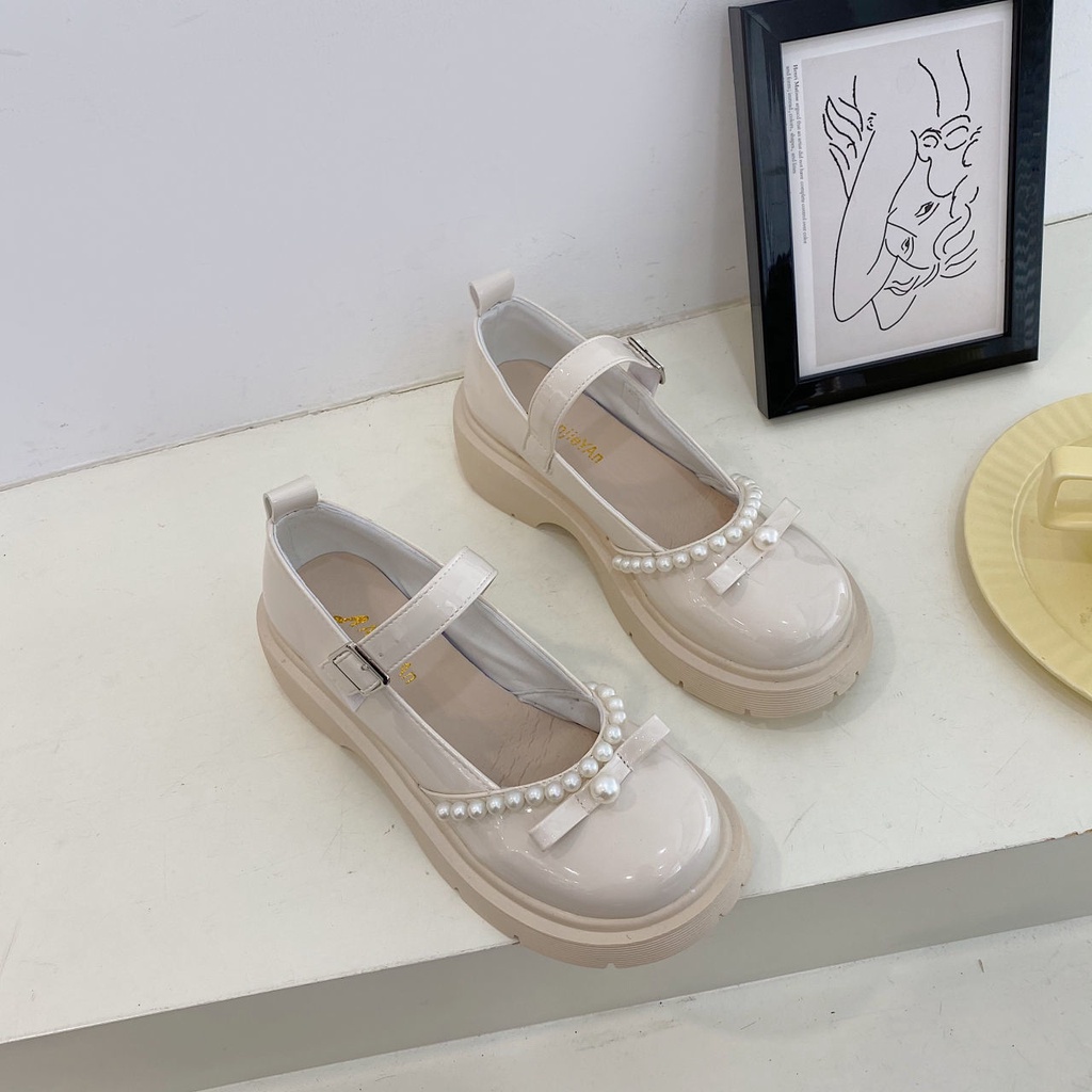 Giày Da Đế Dày Đính Ngọc Trai Phong Cách Anh Quốc Thời Trang Mùa Hè 2022 Cho Nữ