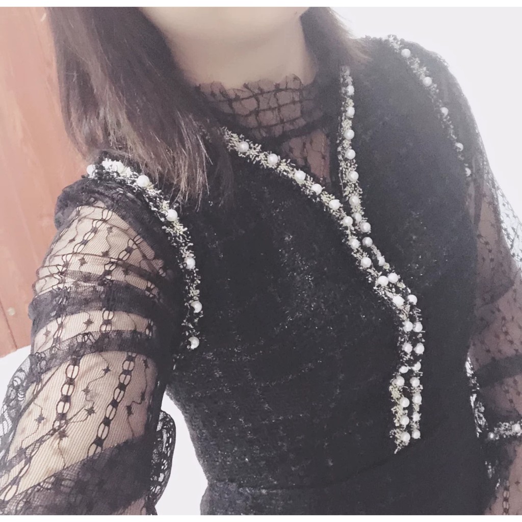 [Sẵn Hàng]♥️Set Váy Dạ Đính Ngọc+Áo Ren Ulzzang Đen-Trắng(ảnh thật)Size S,M,L